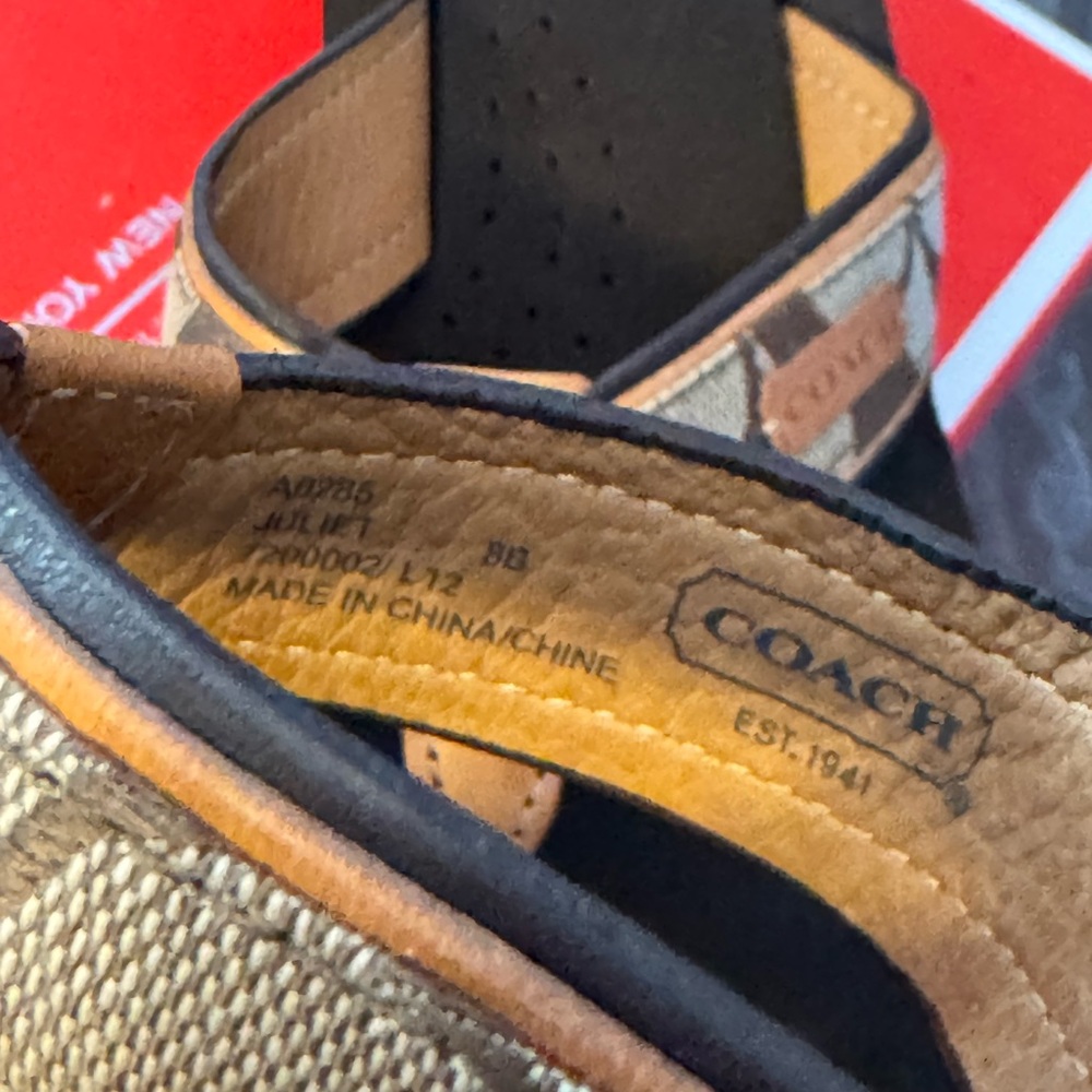 Coach Black Platform Wedge Flip Sandals with Tan Signature Straps - Picture 6 of 10